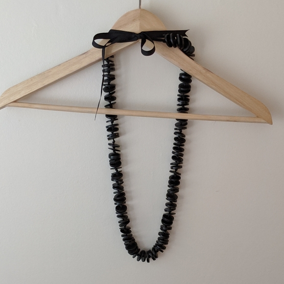 Black Wooden Necklace w Ribbon Tie - Picture 3 of 3